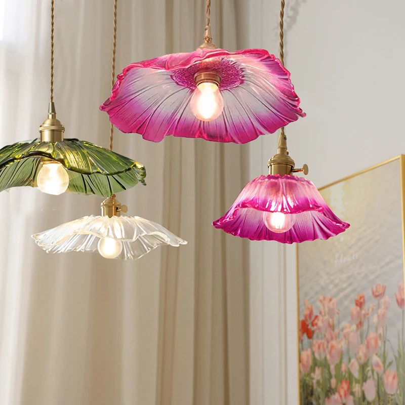 Vintage Flower Glass Pendant Light Decorative Hanging Lamp for Living Room Bedroom Bedside or Indoor Shop Lighting